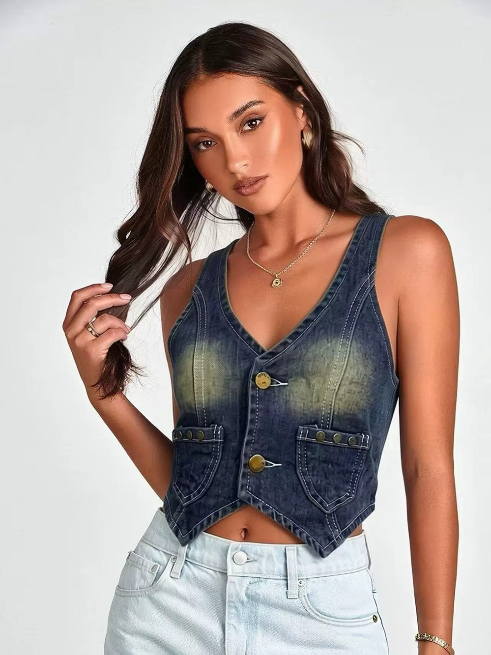 ZARA Factory Direct Womens Unique Washed Denim Vest with Collar